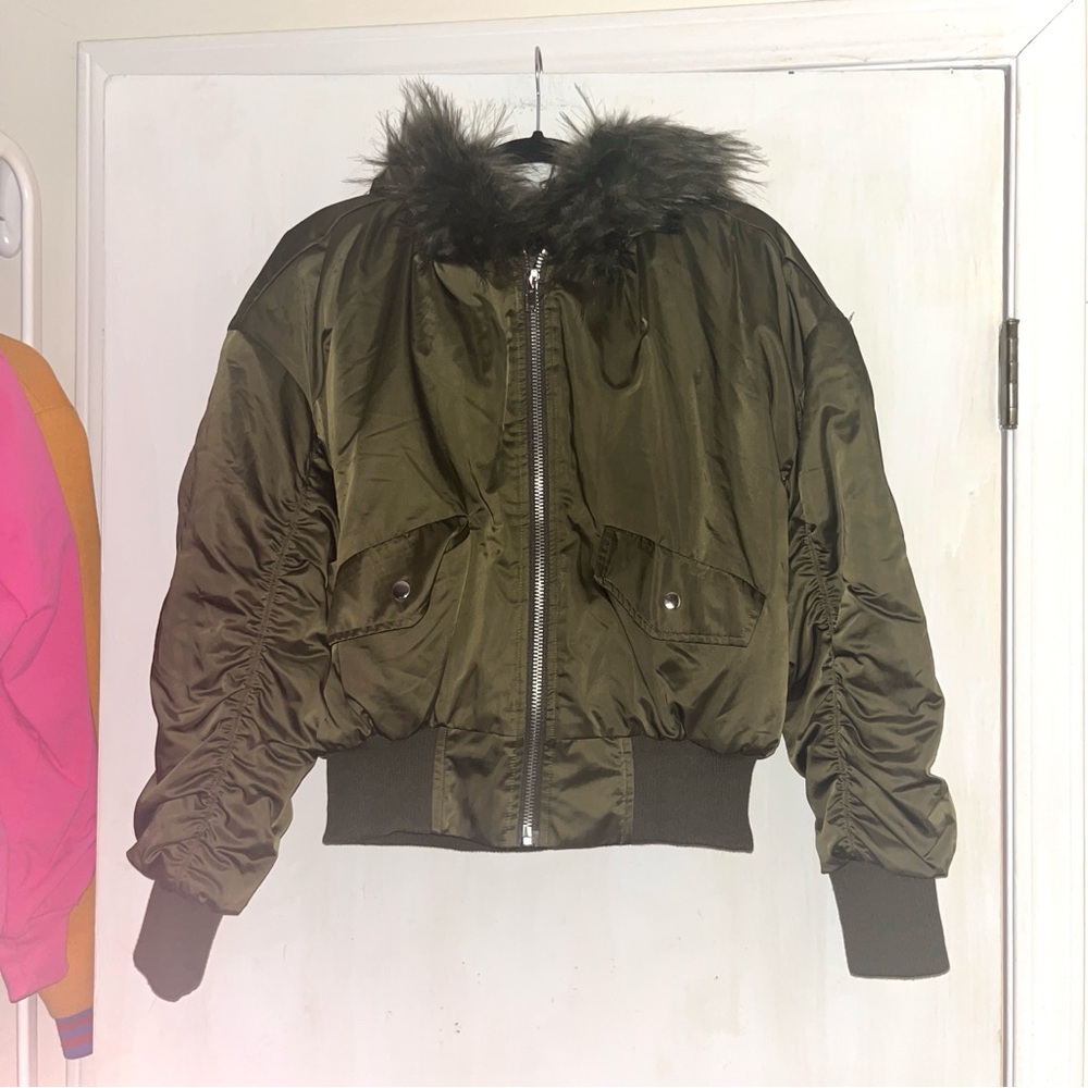 Khaki green bomber jacket with faux fur hood